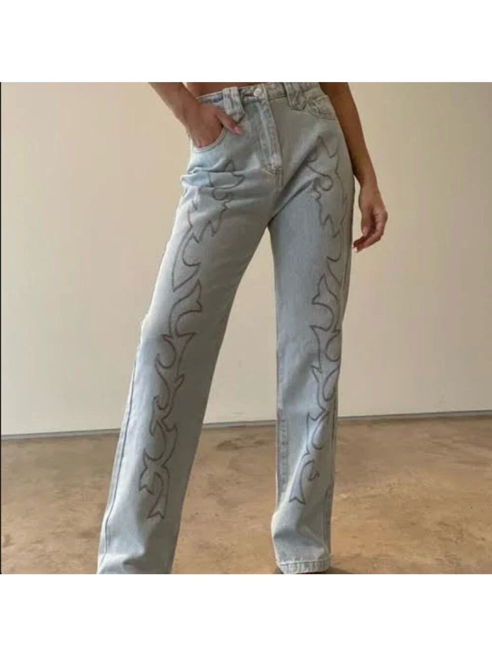 Et Clet Light Blue Straight Leg Jeans with Embroidered Design, Size Small